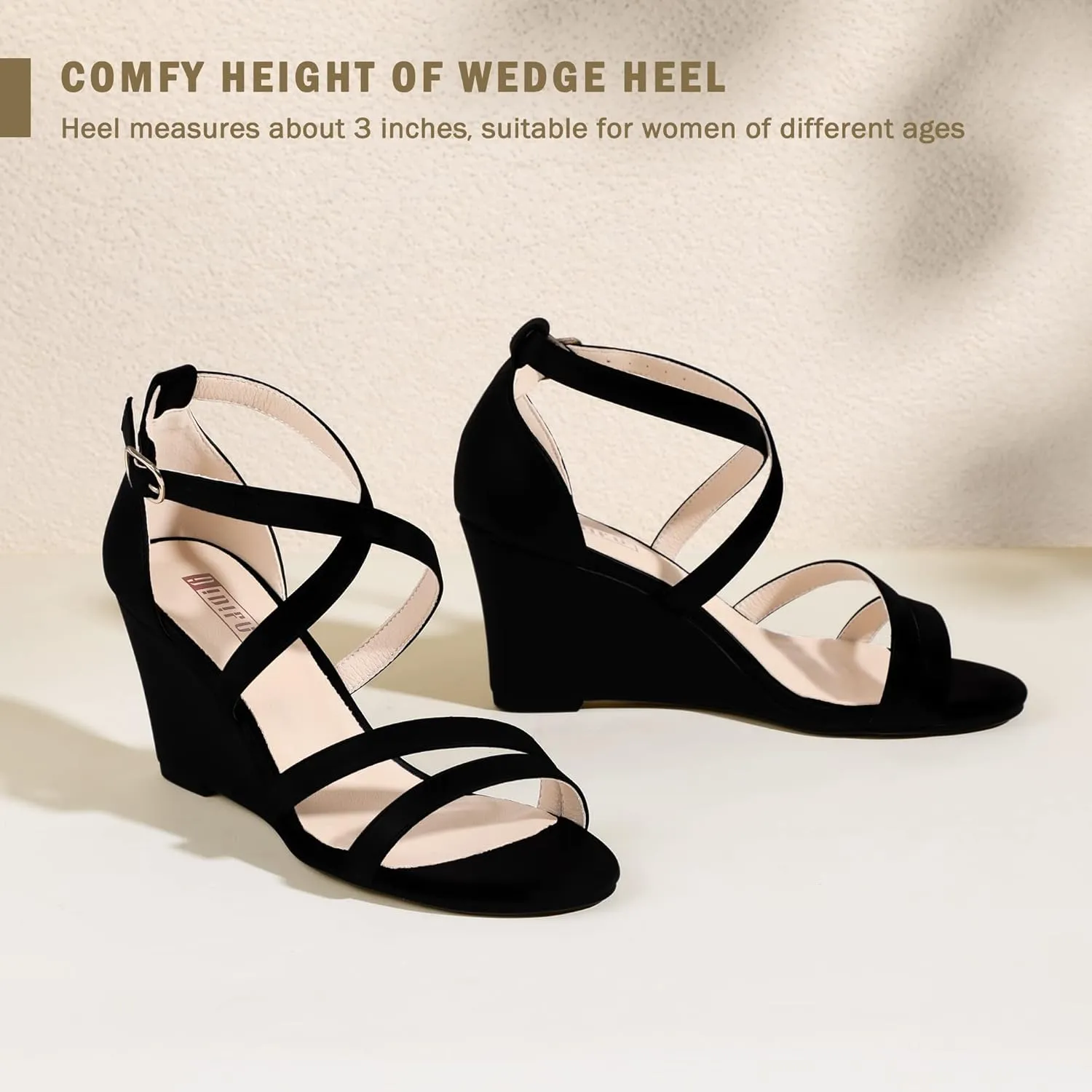 IDIFU Women's 3 Inch Strappy Wedge Sandals Open Toe Dressy Wedges For Women Black Nude Silver White Bridal Wedge Heels On Wedding Evening Summer