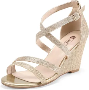 IDIFU Women's 3 Inch Strappy Wedge Sandals Open Toe Dressy Wedges For Women Black Nude Silver White Bridal Wedge Heels On Wedding Evening Summer