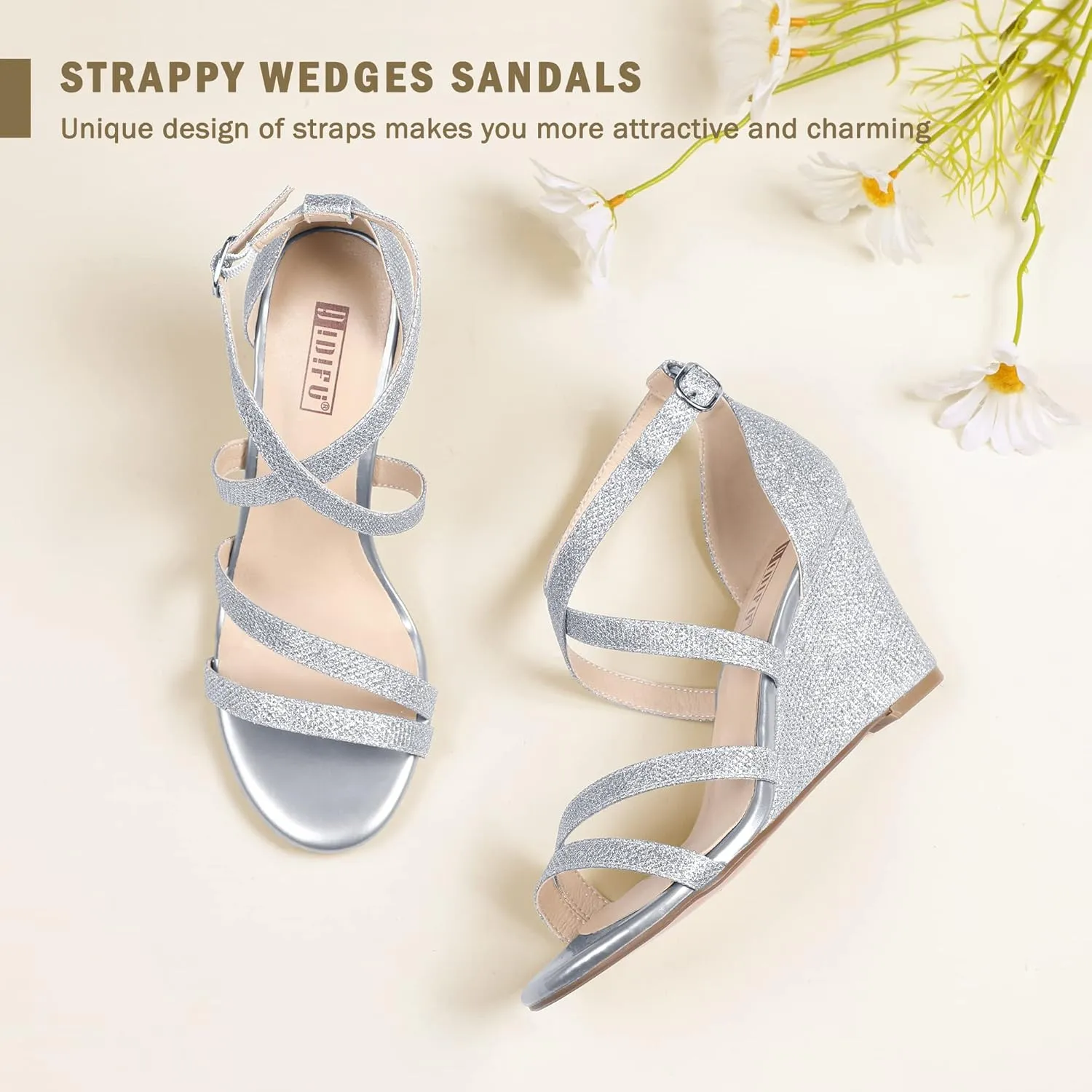 IDIFU Women's 3 Inch Strappy Wedge Sandals Open Toe Dressy Wedges For Women Black Nude Silver White Bridal Wedge Heels On Wedding Evening Summer