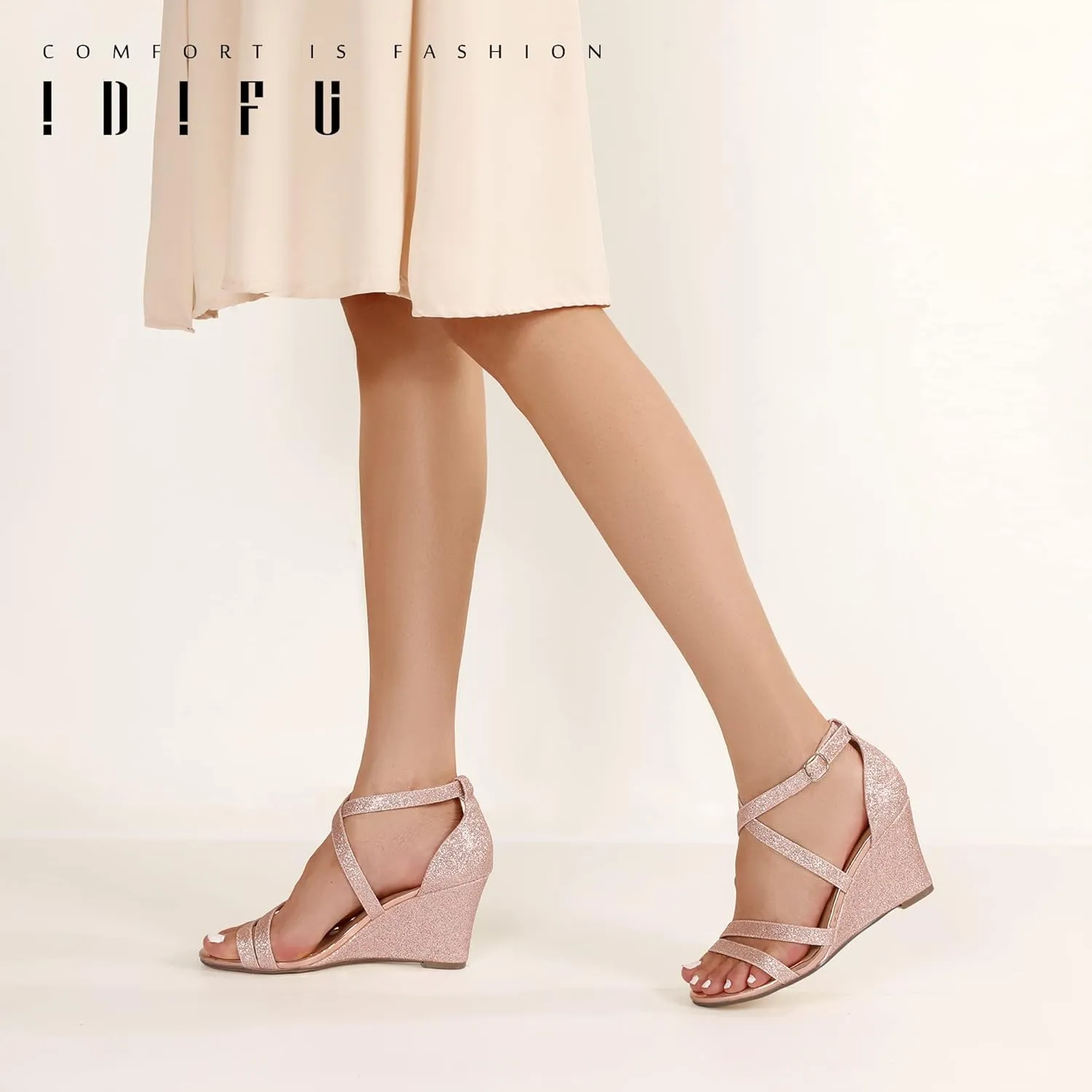 IDIFU Women's 3 Inch Strappy Wedge Sandals Open Toe Dressy Wedges For Women Black Nude Silver White Bridal Wedge Heels On Wedding Evening Summer