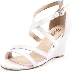 IDIFU Women's 3 Inch Strappy Wedge Sandals Open Toe Dressy Wedges For Women Black Nude Silver White Bridal Wedge Heels On Wedding Evening Summer