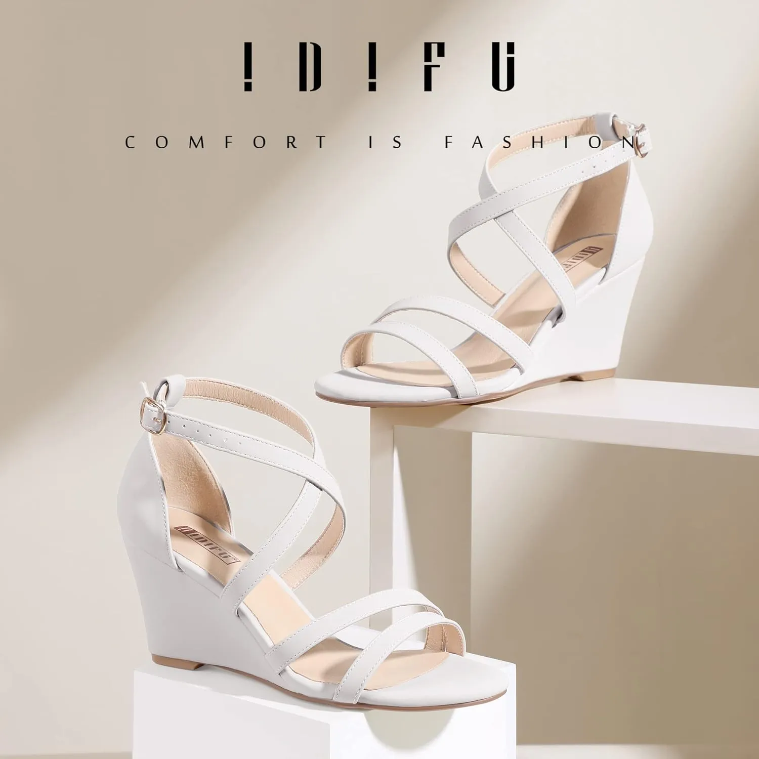 IDIFU Women's 3 Inch Strappy Wedge Sandals Open Toe Dressy Wedges For Women Black Nude Silver White Bridal Wedge Heels On Wedding Evening Summer