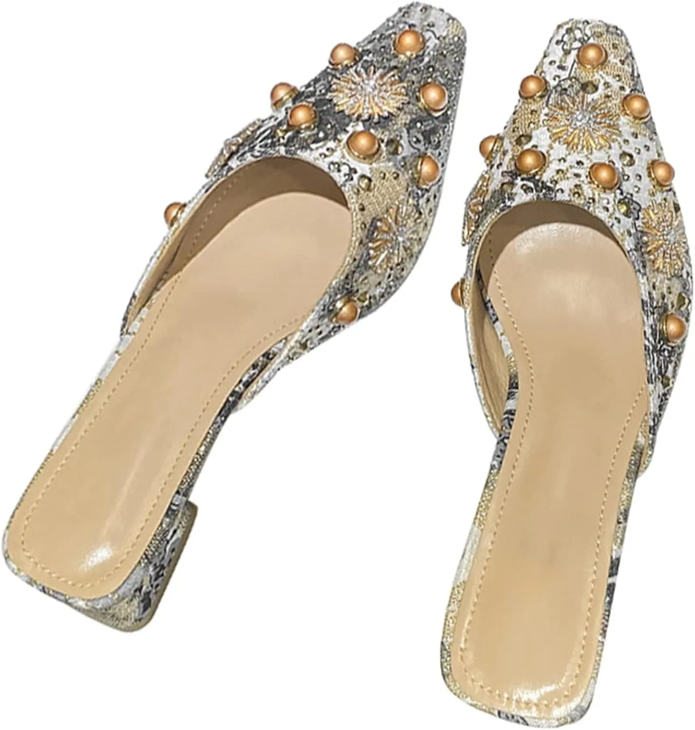 INEELUYI Women's Square Toe Mules Shoes Pearl Chunky Heel Backless Slides Mules Shoes Summer