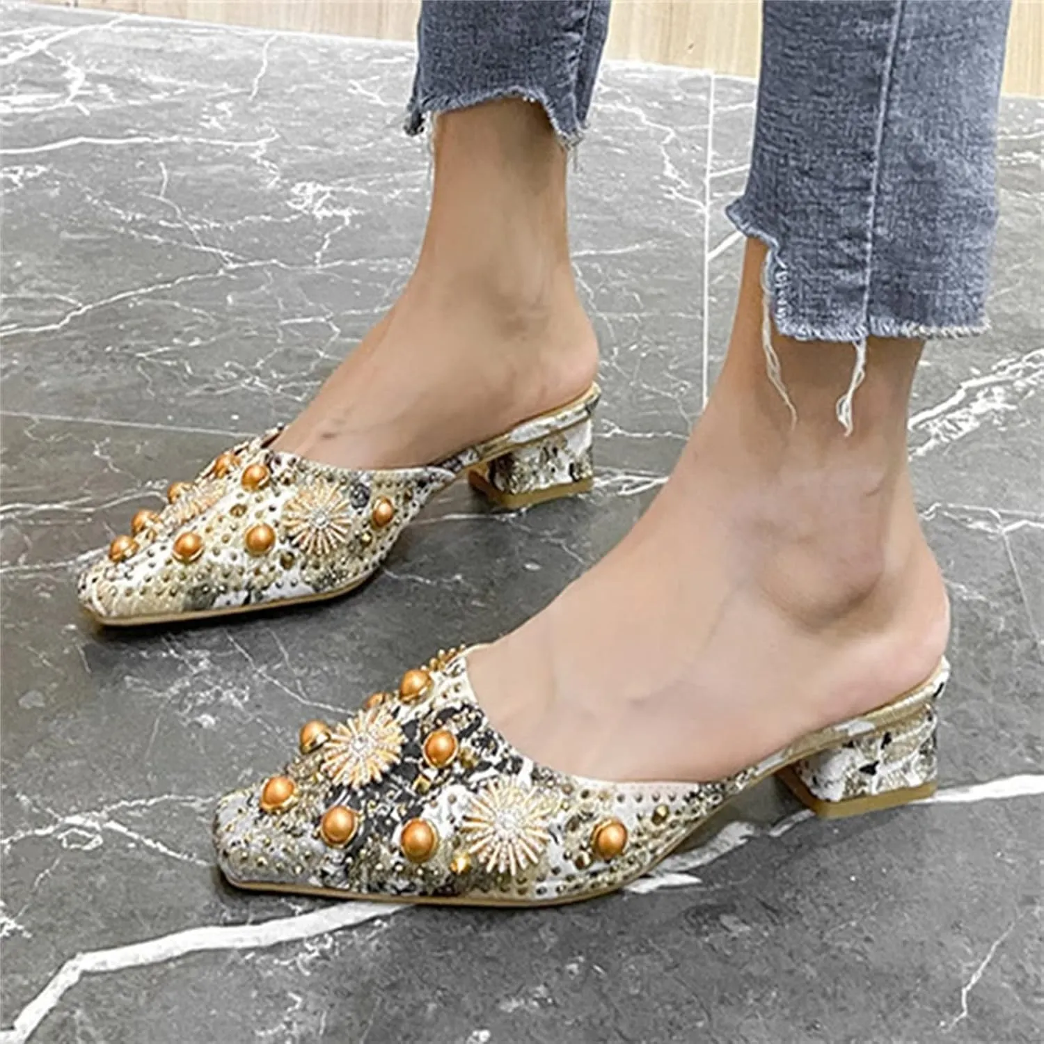 INEELUYI Women's Square Toe Mules Shoes Pearl Chunky Heel Backless Slides Mules Shoes Summer