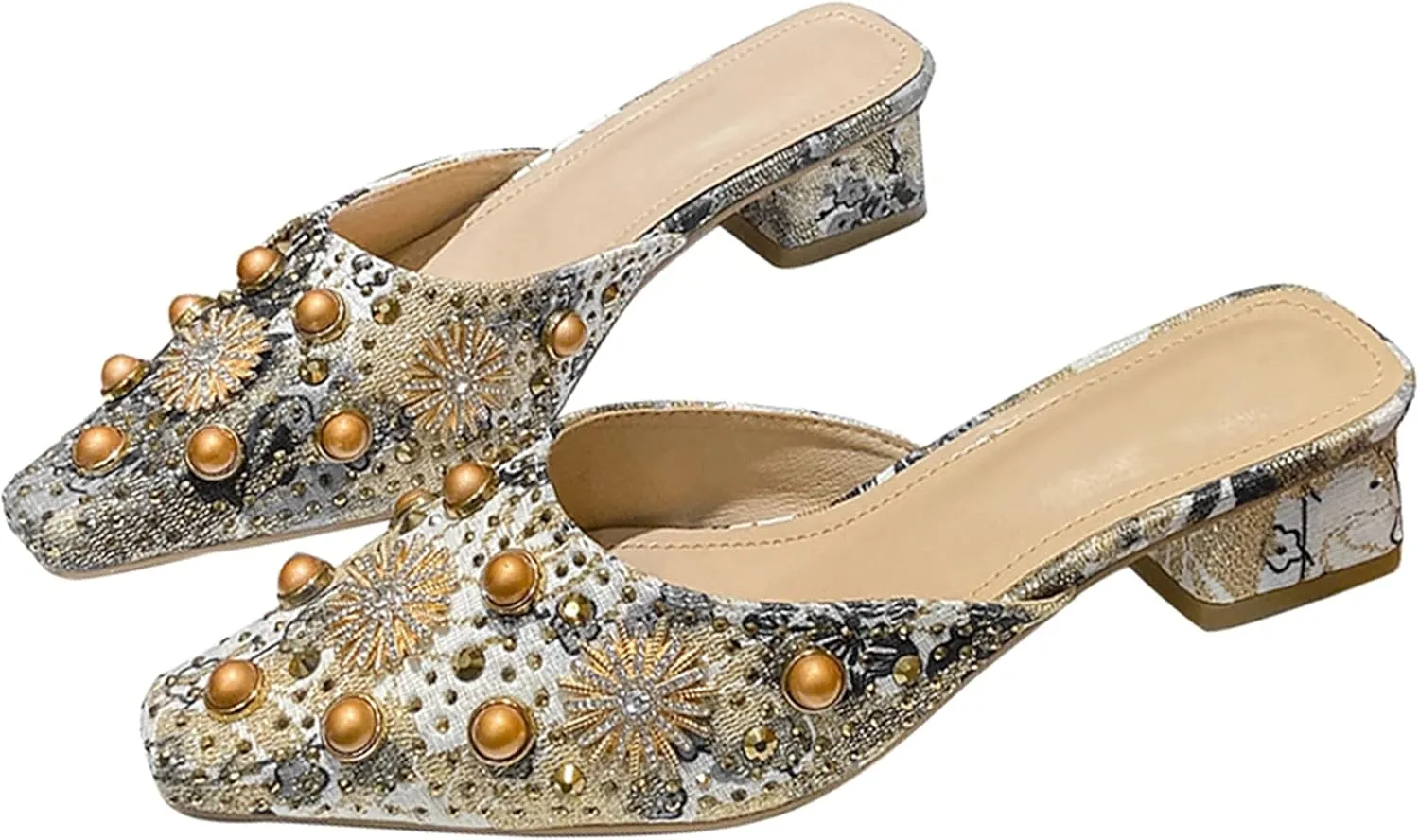 INEELUYI Women's Square Toe Mules Shoes Pearl Chunky Heel Backless Slides Mules Shoes Summer