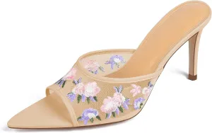 JANSEVEN Women Mesh Heeled Sandals Floral Mules Stiletto High Heels with Embroidered Flowered Open Pointed Toe Slip On Comfortable Fashion Dress Shoes