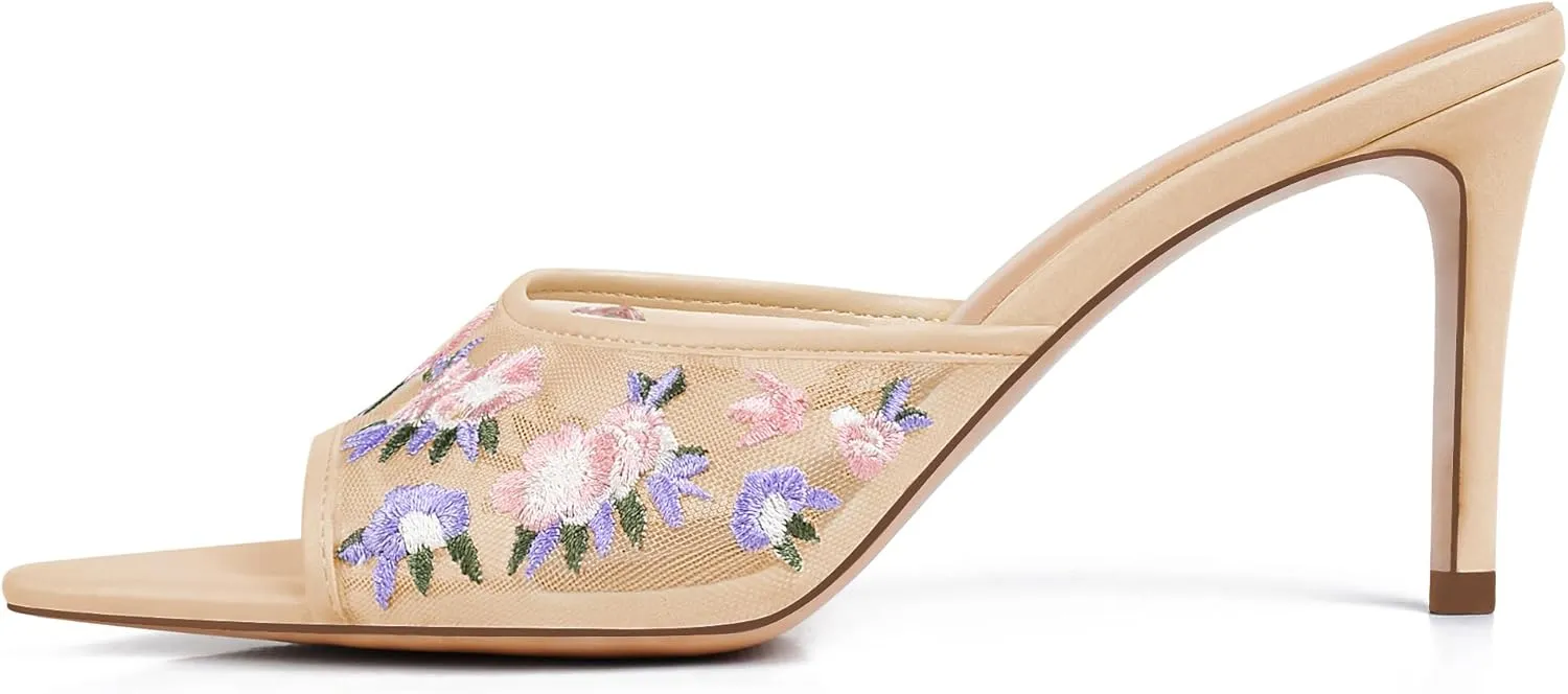 JANSEVEN Women Mesh Heeled Sandals Floral Mules Stiletto High Heels with Embroidered Flowered Open Pointed Toe Slip On Comfortable Fashion Dress Shoes