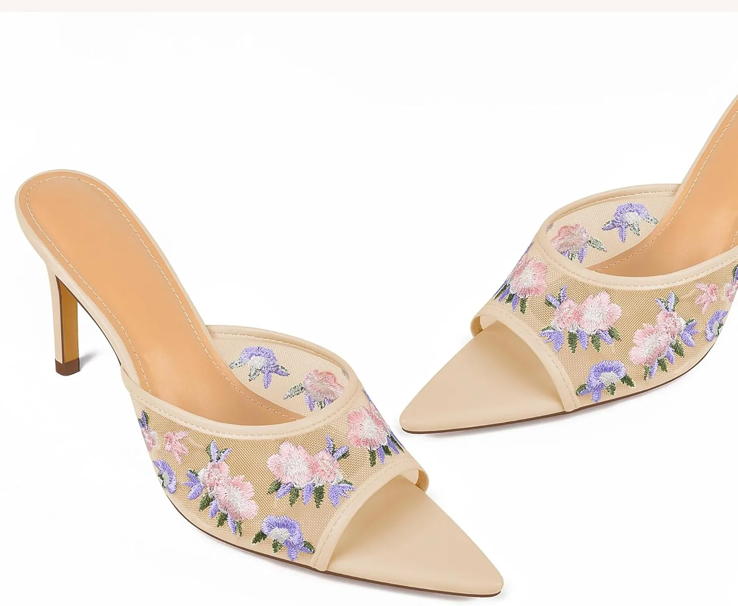 JANSEVEN Women Mesh Heeled Sandals Floral Mules Stiletto High Heels with Embroidered Flowered Open Pointed Toe Slip On Comfortable Fashion Dress Shoes