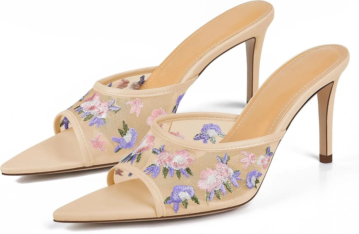 JANSEVEN Women Mesh Heeled Sandals Floral Mules Stiletto High Heels with Embroidered Flowered Open Pointed Toe Slip On Comfortable Fashion Dress Shoes