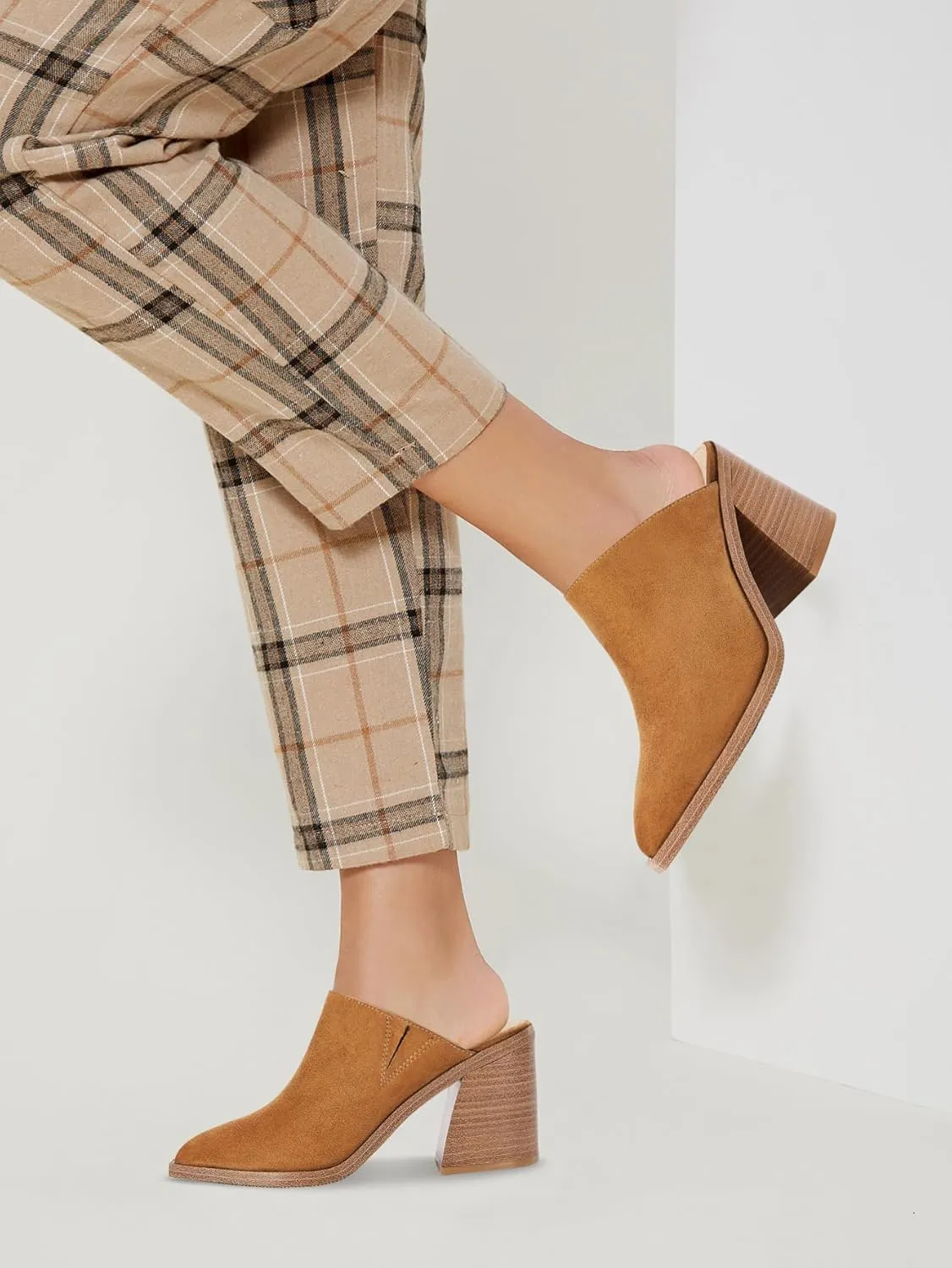 JeimPoey Womens Mules Pumps Point Closed Toe Slip-on Heels Stacked Chunky Block Heel Backless Clogs