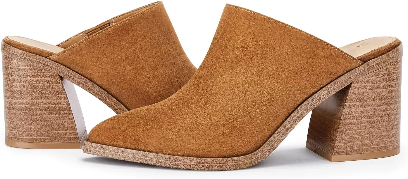 JeimPoey Womens Mules Pumps Point Closed Toe Slip-on Heels Stacked Chunky Block Heel Backless Clogs