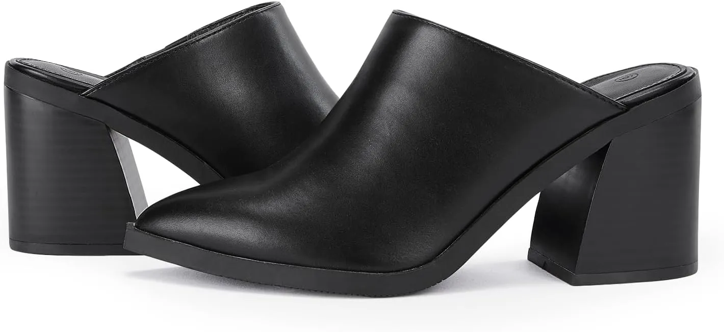 JeimPoey Womens Mules Pumps Point Closed Toe Slip-on Heels Stacked Chunky Block Heel Backless Clogs
