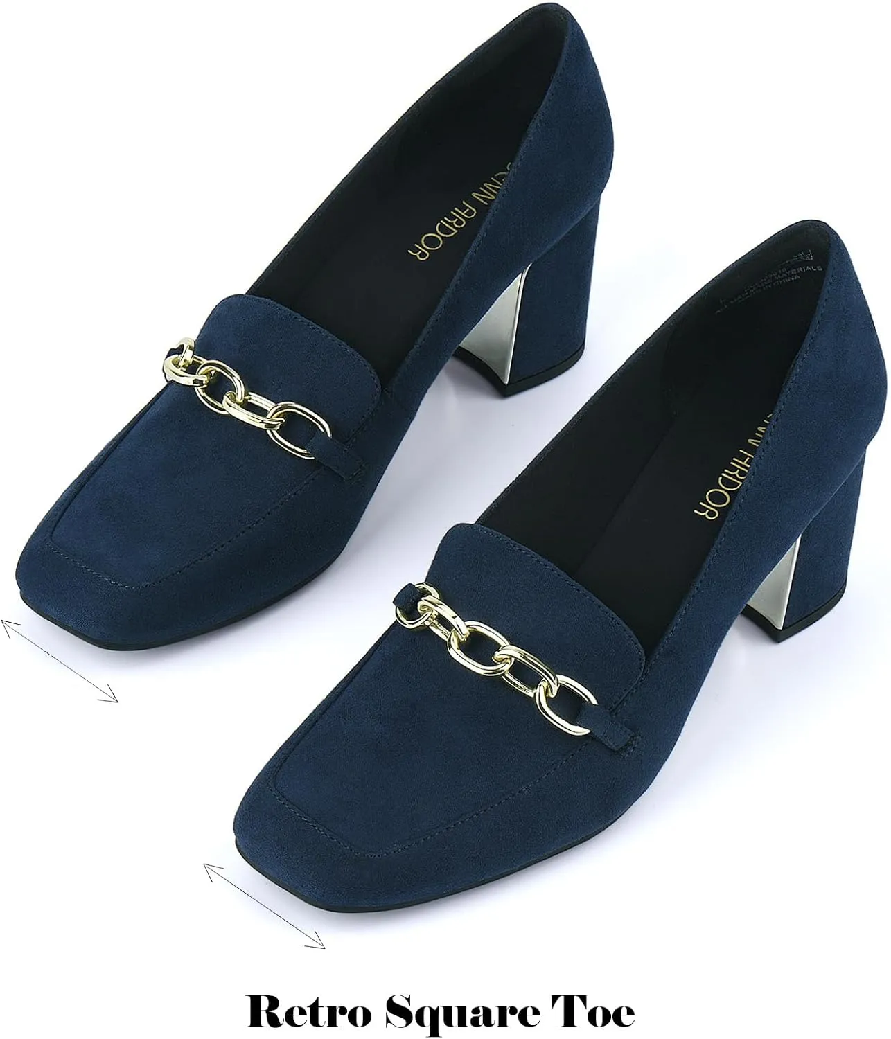 JENN ARDOR Women's Heeled Loafers - Block Heels, Closed Toe, Slip On, 2.5 Inch Mid Heel, Dress & Casual Shoes with Chain