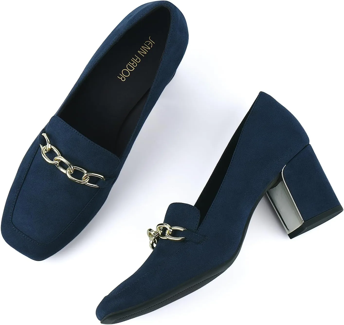 JENN ARDOR Women's Heeled Loafers - Block Heels, Closed Toe, Slip On, 2.5 Inch Mid Heel, Dress & Casual Shoes with Chain