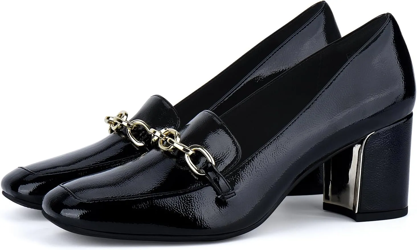 JENN ARDOR Women's Heeled Loafers - Block Heels, Closed Toe, Slip On, 2.5 Inch Mid Heel, Dress & Casual Shoes with Chain