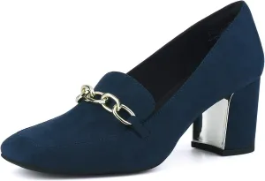 JENN ARDOR Women's Heeled Loafers - Block Heels, Closed Toe, Slip On, 2.5 Inch Mid Heel, Dress & Casual Shoes with Chain