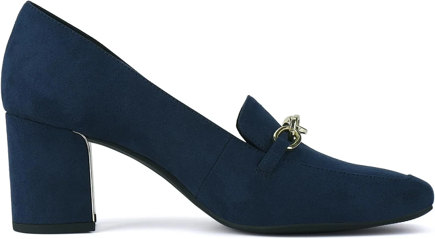 JENN ARDOR Women's Heeled Loafers - Block Heels, Closed Toe, Slip On, 2.5 Inch Mid Heel, Dress & Casual Shoes with Chain
