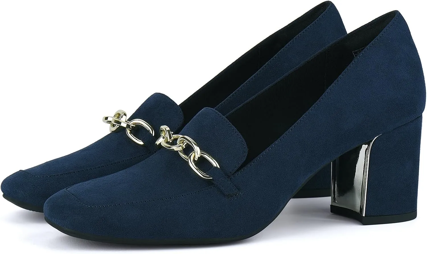 JENN ARDOR Women's Heeled Loafers - Block Heels, Closed Toe, Slip On, 2.5 Inch Mid Heel, Dress & Casual Shoes with Chain