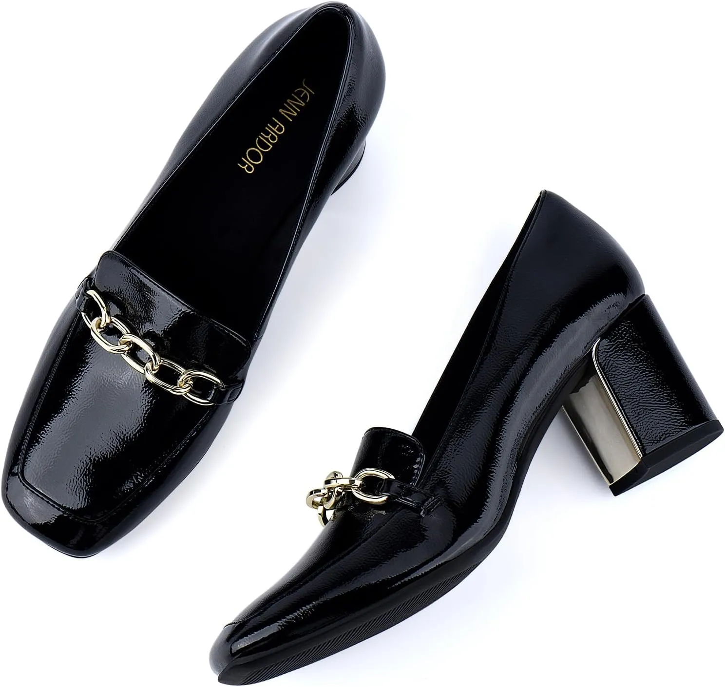 JENN ARDOR Women's Heeled Loafers - Block Heels, Closed Toe, Slip On, 2.5 Inch Mid Heel, Dress & Casual Shoes with Chain