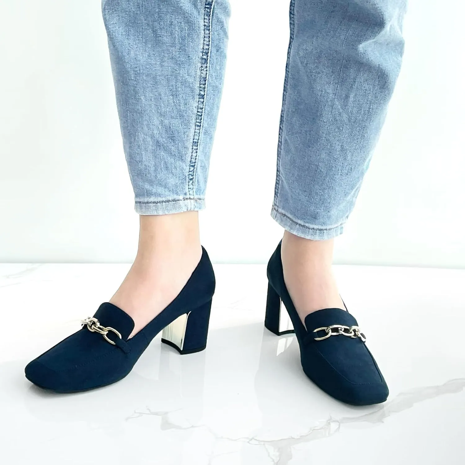 JENN ARDOR Women's Heeled Loafers - Block Heels, Closed Toe, Slip On, 2.5 Inch Mid Heel, Dress & Casual Shoes with Chain