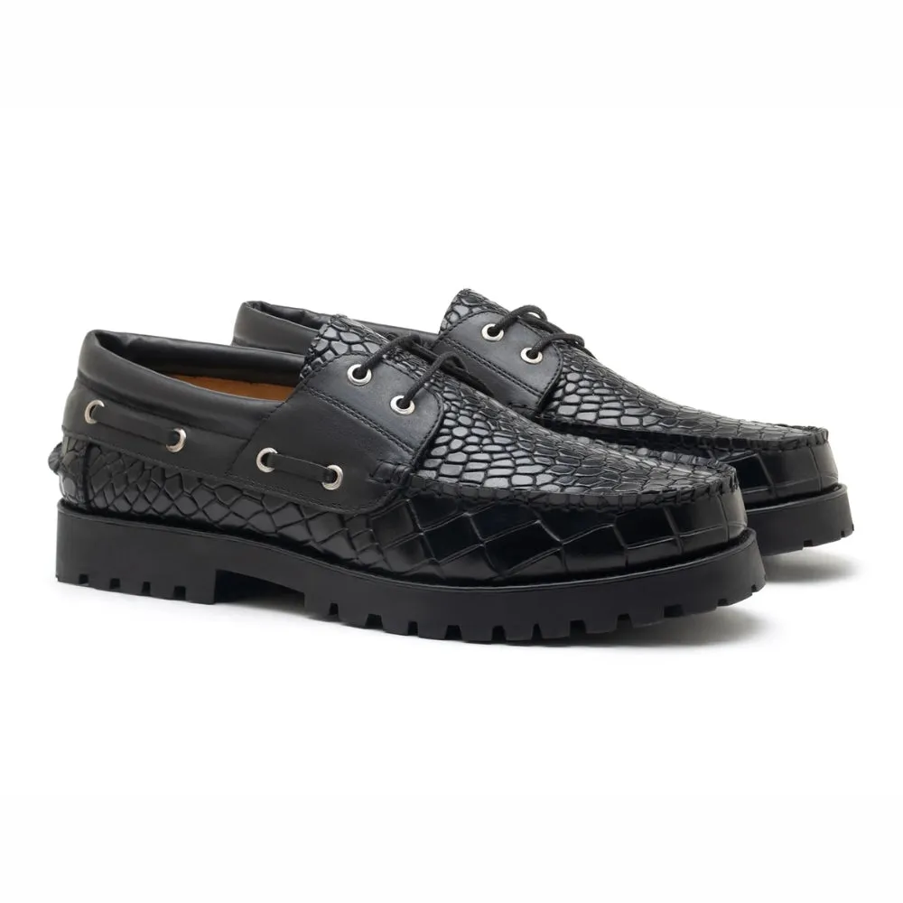 Jeto Mens Black Textured  Boat Shoes
