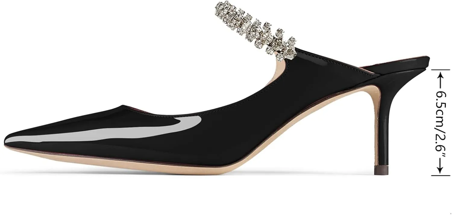 JiaBinji Women High Heels Sandals Mules Rhinestone Strap 4 inches Stiletto Pointed Toe Slip On Sandals Handmade Backless Summer Bridal Dress Shoes