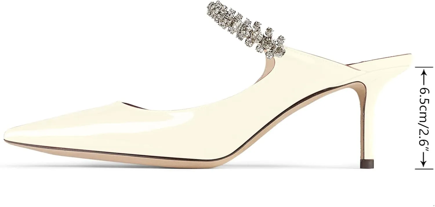 JiaBinji Women High Heels Sandals Mules Rhinestone Strap 4 inches Stiletto Pointed Toe Slip On Sandals Handmade Backless Summer Bridal Dress Shoes