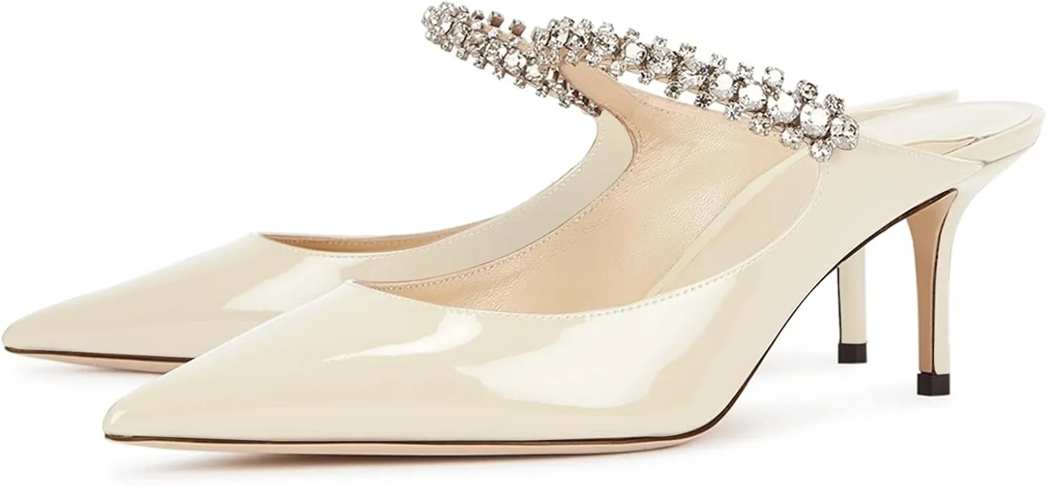 JiaBinji Women High Heels Sandals Mules Rhinestone Strap 4 inches Stiletto Pointed Toe Slip On Sandals Handmade Backless Summer Bridal Dress Shoes