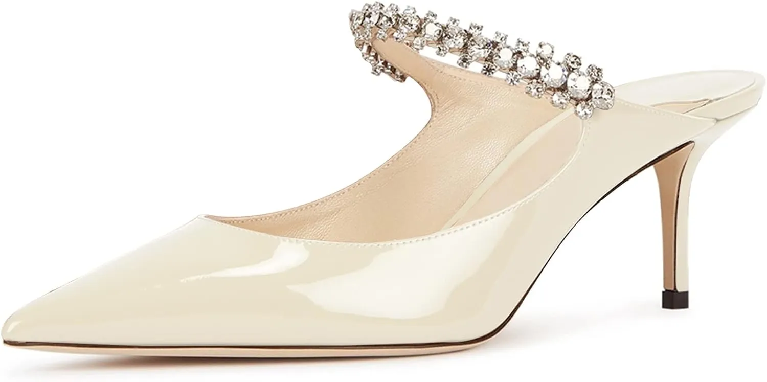 JiaBinji Women High Heels Sandals Mules Rhinestone Strap 4 inches Stiletto Pointed Toe Slip On Sandals Handmade Backless Summer Bridal Dress Shoes
