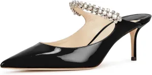 JiaBinji Women High Heels Sandals Mules Rhinestone Strap 4 inches Stiletto Pointed Toe Slip On Sandals Handmade Backless Summer Bridal Dress Shoes