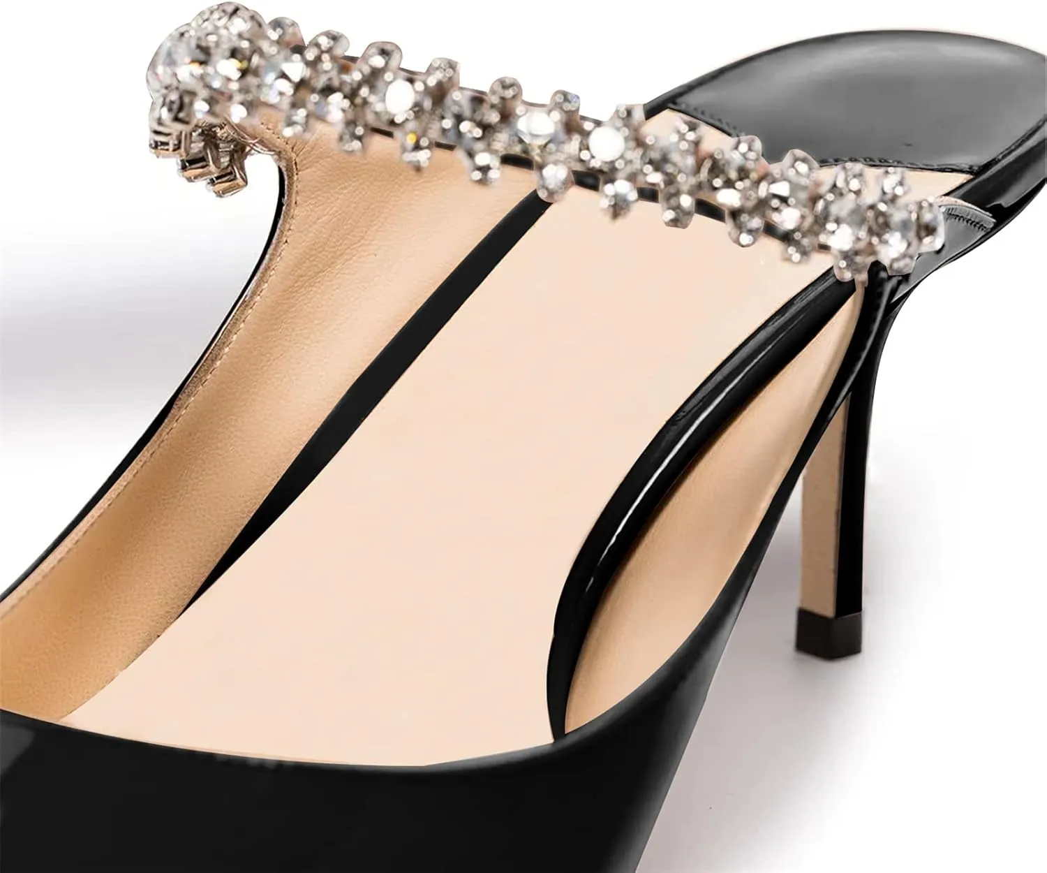 JiaBinji Women High Heels Sandals Mules Rhinestone Strap 4 inches Stiletto Pointed Toe Slip On Sandals Handmade Backless Summer Bridal Dress Shoes