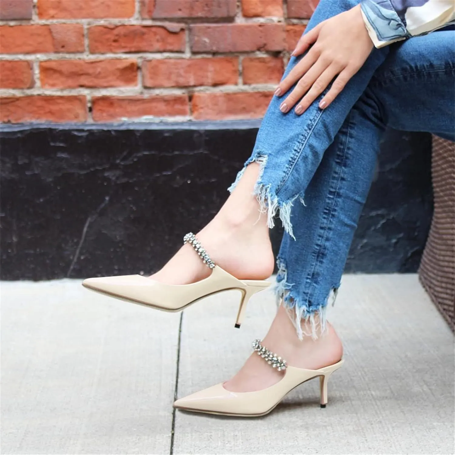JiaBinji Women High Heels Sandals Mules Rhinestone Strap 4 inches Stiletto Pointed Toe Slip On Sandals Handmade Backless Summer Bridal Dress Shoes