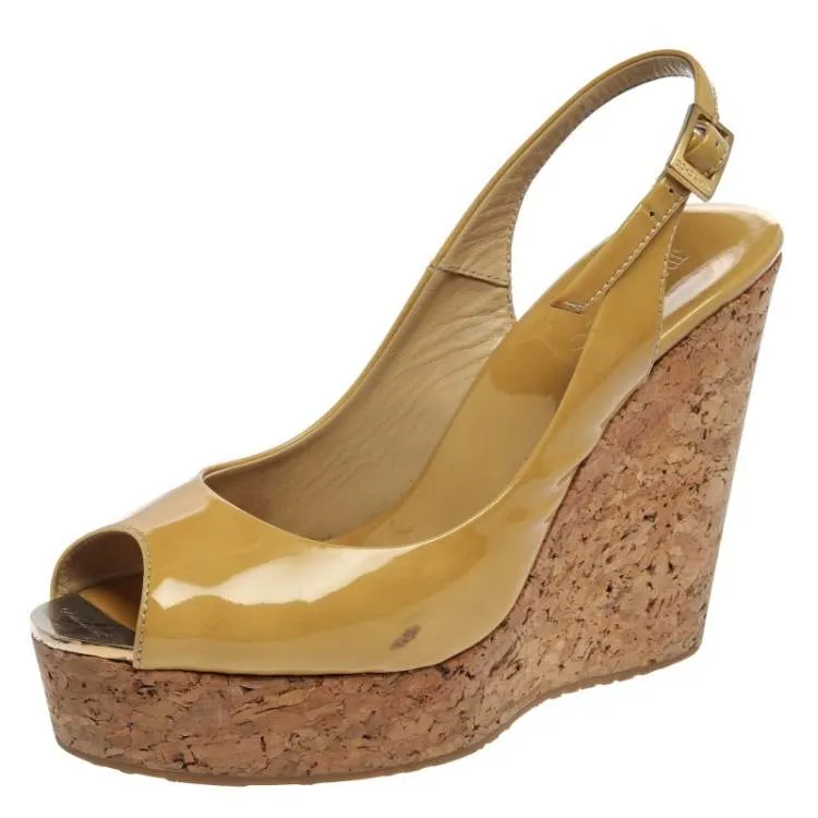 Jimmy Choo Beige Patent Leather Prova Cork Slingback Wedges