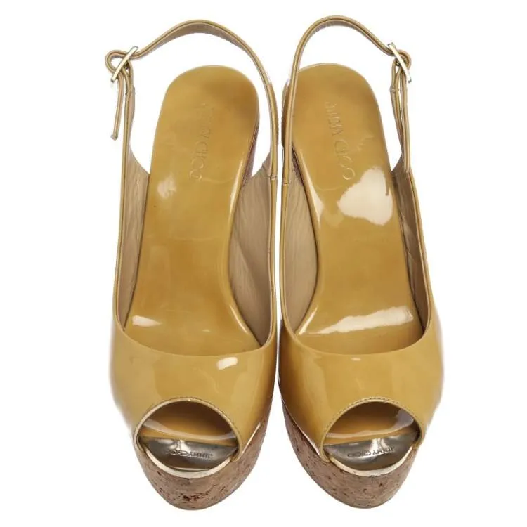 Jimmy Choo Beige Patent Leather Prova Cork Slingback Wedges
