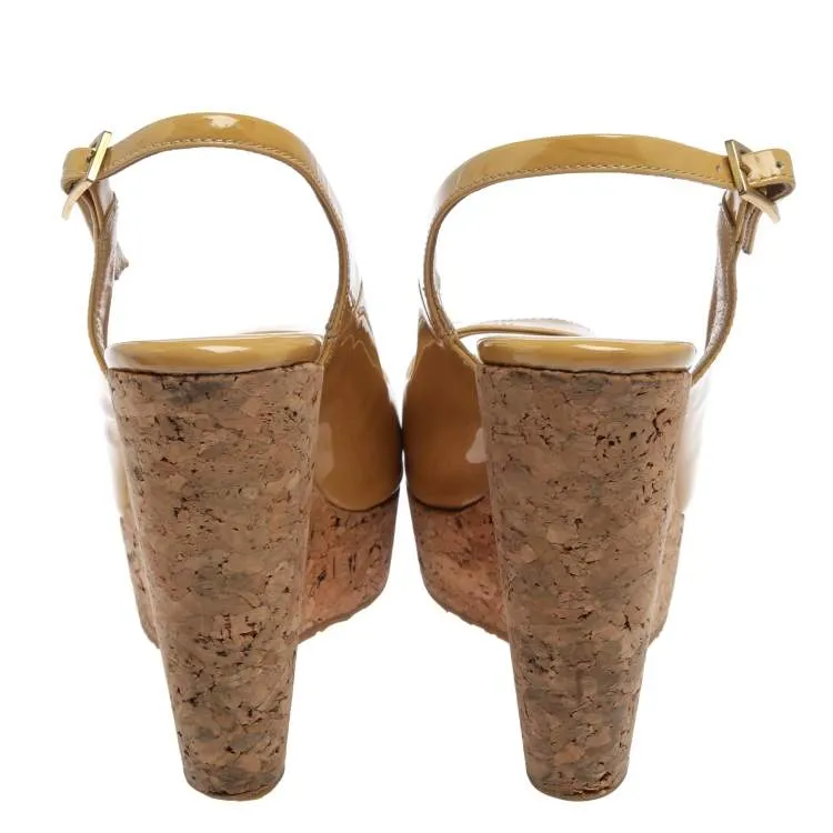 Jimmy Choo Beige Patent Leather Prova Cork Slingback Wedges