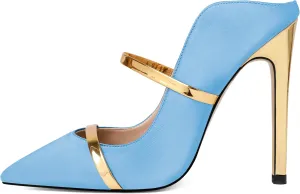 Joseywade Heeled Mules For Women High Heel Mules Slip On Heeled Sandals Pointed Toe Dress Pumps Gold Strap Backless Shoes 4.5 Inch