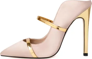 Joseywade Heeled Mules For Women High Heel Mules Slip On Heeled Sandals Pointed Toe Dress Pumps Gold Strap Backless Shoes 4.5 Inch