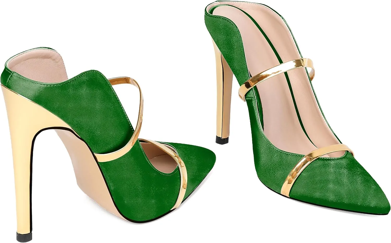 Joseywade Heeled Mules For Women High Heel Mules Slip On Heeled Sandals Pointed Toe Dress Pumps Gold Strap Backless Shoes 4.5 Inch