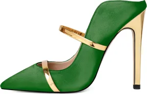 Joseywade Heeled Mules For Women High Heel Mules Slip On Heeled Sandals Pointed Toe Dress Pumps Gold Strap Backless Shoes 4.5 Inch