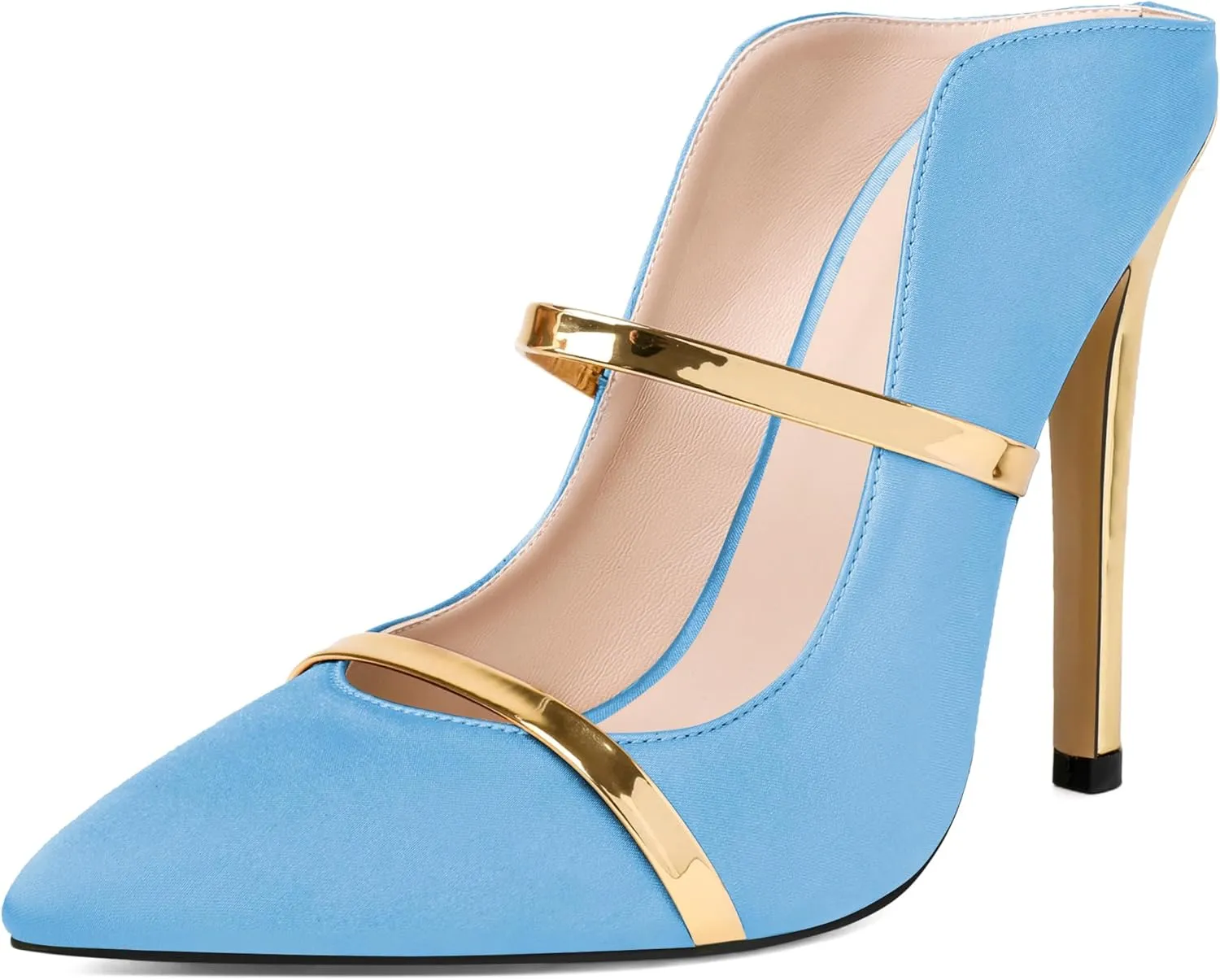 Joseywade Heeled Mules For Women High Heel Mules Slip On Heeled Sandals Pointed Toe Dress Pumps Gold Strap Backless Shoes 4.5 Inch