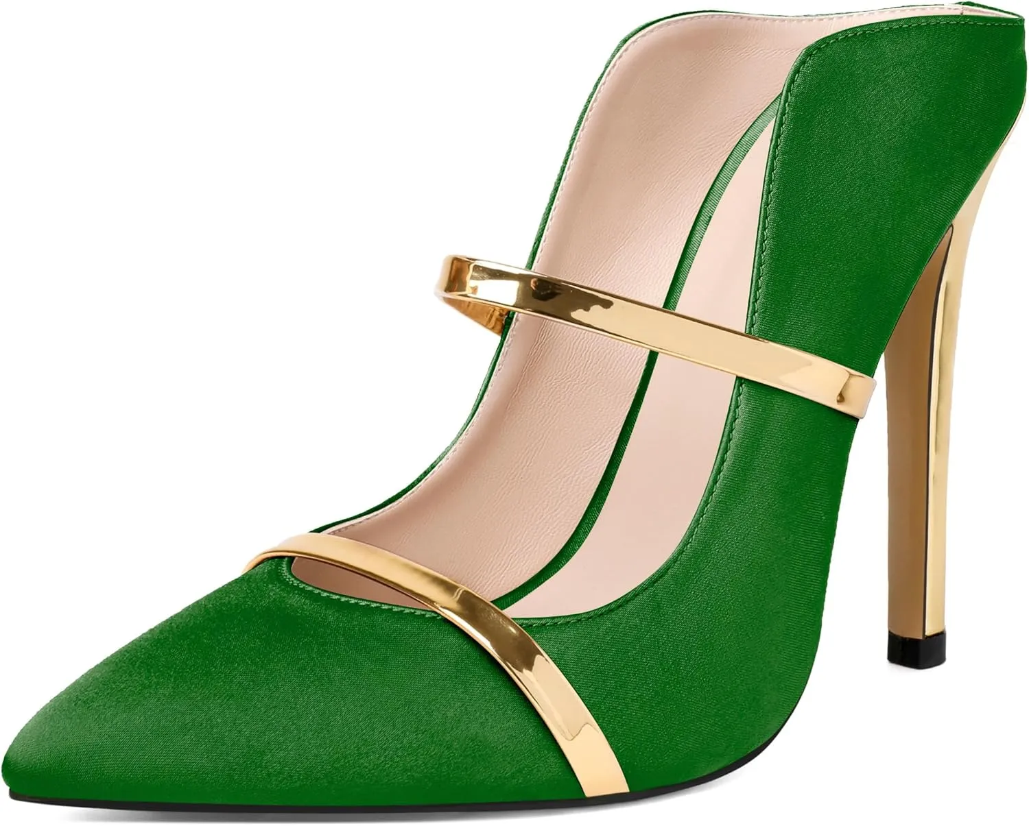 Joseywade Heeled Mules For Women High Heel Mules Slip On Heeled Sandals Pointed Toe Dress Pumps Gold Strap Backless Shoes 4.5 Inch