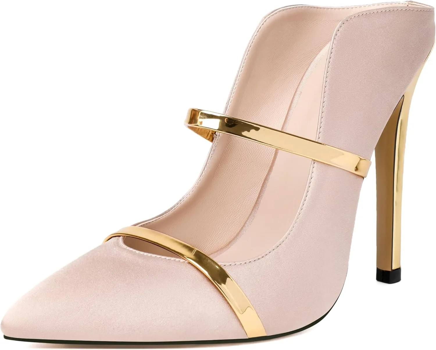 Joseywade Heeled Mules For Women High Heel Mules Slip On Heeled Sandals Pointed Toe Dress Pumps Gold Strap Backless Shoes 4.5 Inch