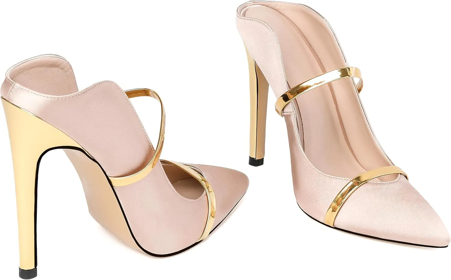 Joseywade Heeled Mules For Women High Heel Mules Slip On Heeled Sandals Pointed Toe Dress Pumps Gold Strap Backless Shoes 4.5 Inch