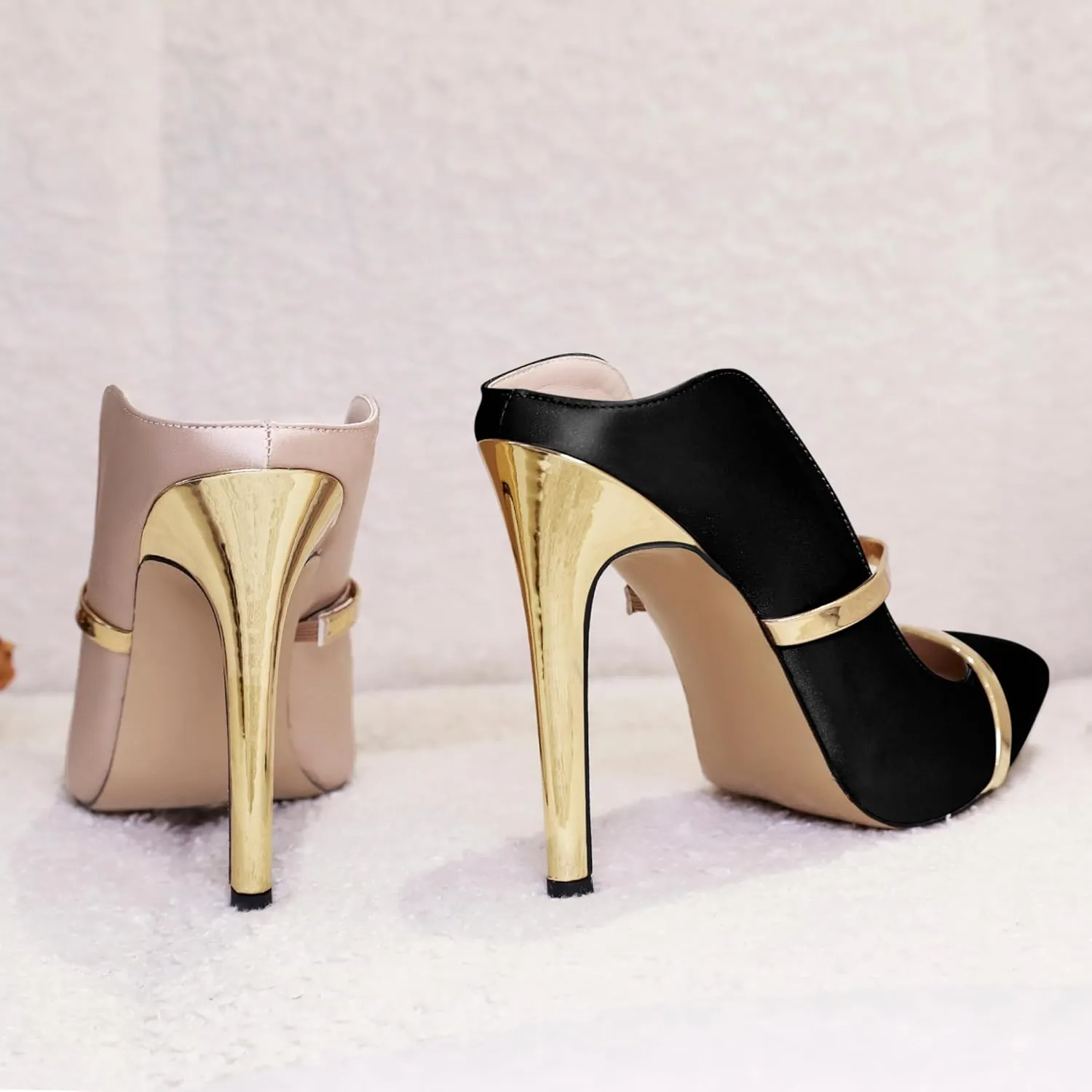 Joseywade Heeled Mules For Women High Heel Mules Slip On Heeled Sandals Pointed Toe Dress Pumps Gold Strap Backless Shoes 4.5 Inch