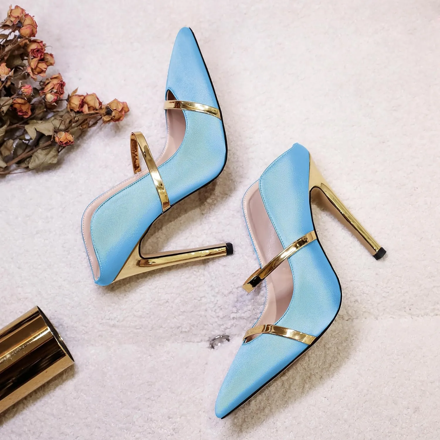 Joseywade Heeled Mules For Women High Heel Mules Slip On Heeled Sandals Pointed Toe Dress Pumps Gold Strap Backless Shoes 4.5 Inch