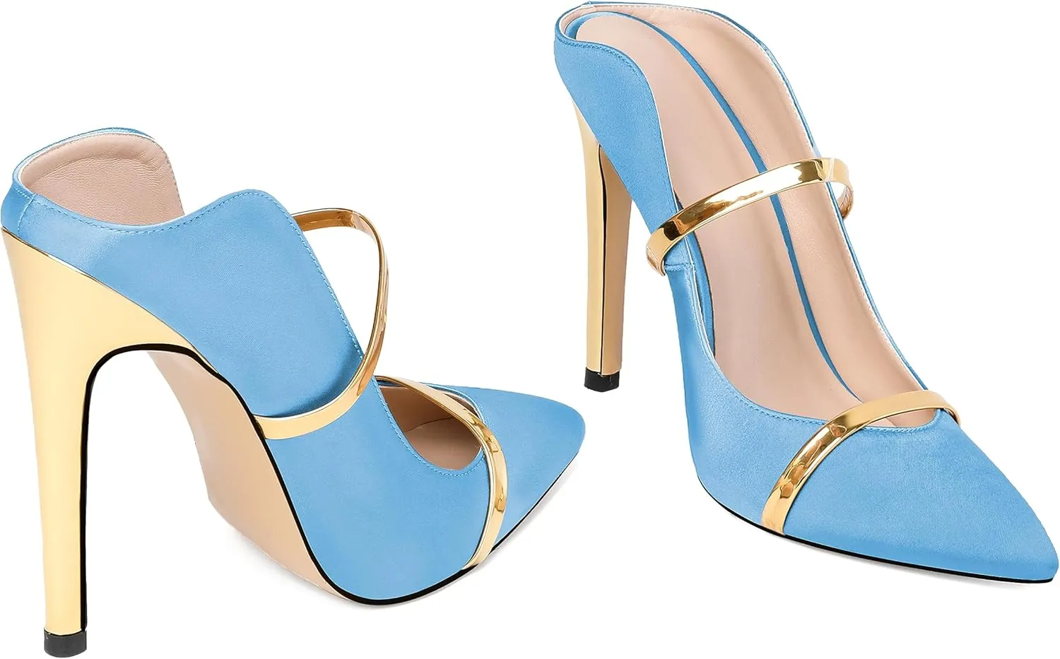 Joseywade Heeled Mules For Women High Heel Mules Slip On Heeled Sandals Pointed Toe Dress Pumps Gold Strap Backless Shoes 4.5 Inch