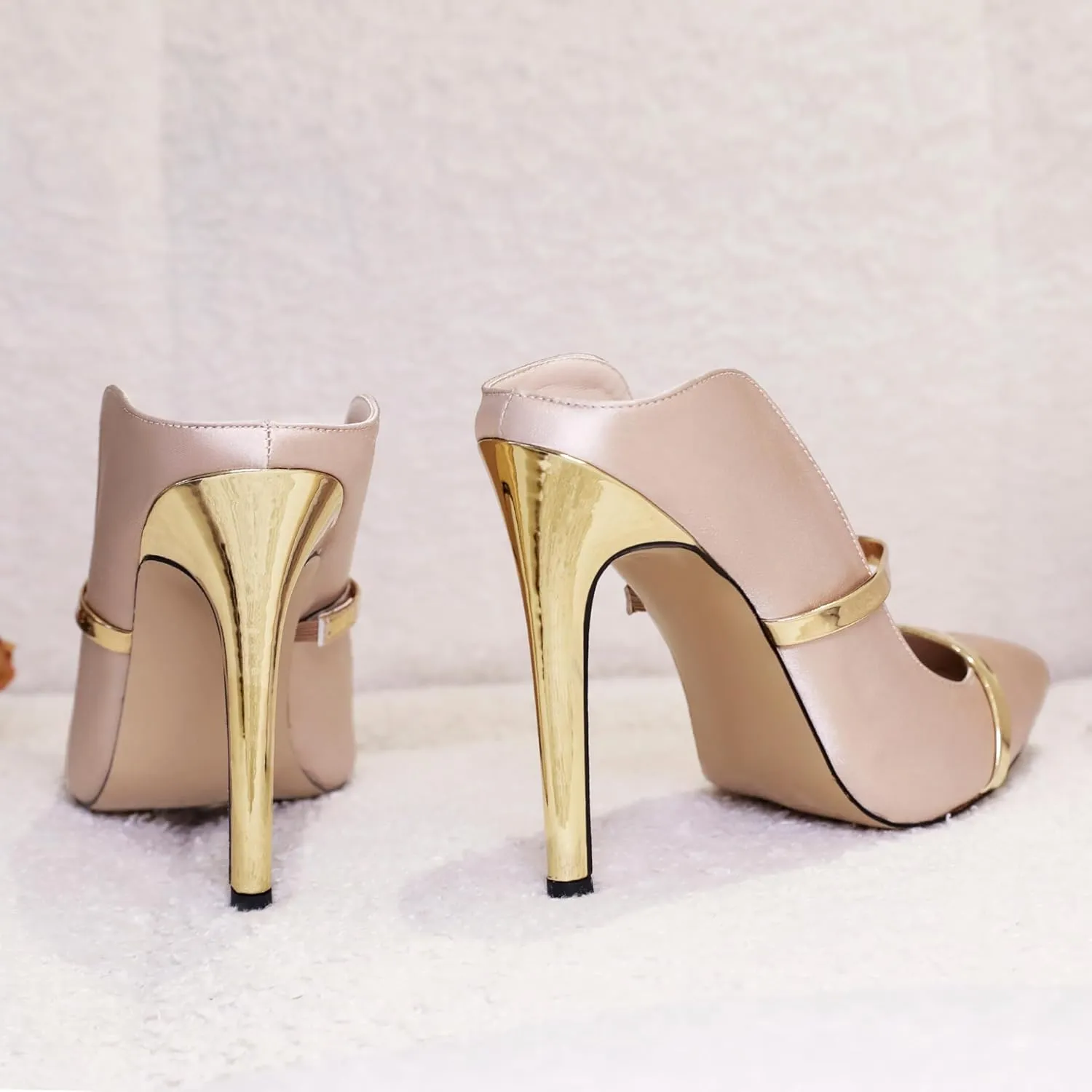 Joseywade Heeled Mules For Women High Heel Mules Slip On Heeled Sandals Pointed Toe Dress Pumps Gold Strap Backless Shoes 4.5 Inch