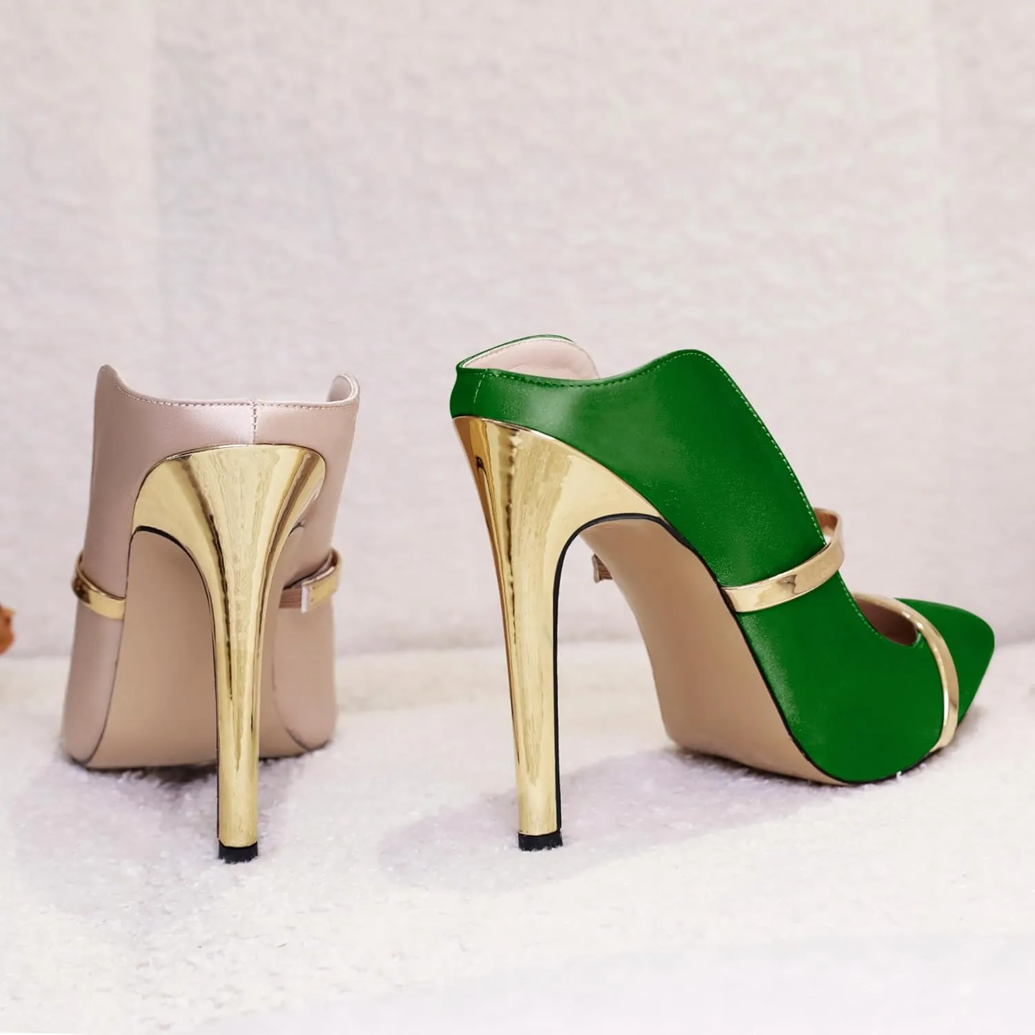 Joseywade Heeled Mules For Women High Heel Mules Slip On Heeled Sandals Pointed Toe Dress Pumps Gold Strap Backless Shoes 4.5 Inch