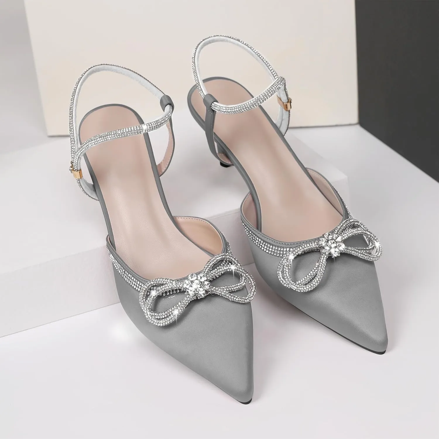 Joseywade Rhinestone Bow Heels Low Kitten Heel Glitter Double Bow Pumps Pointed Toe Women Slingback Adjustable Ankle Strap Shoes for Wedding Bridal Bridesmaid Engagement Bachelorette