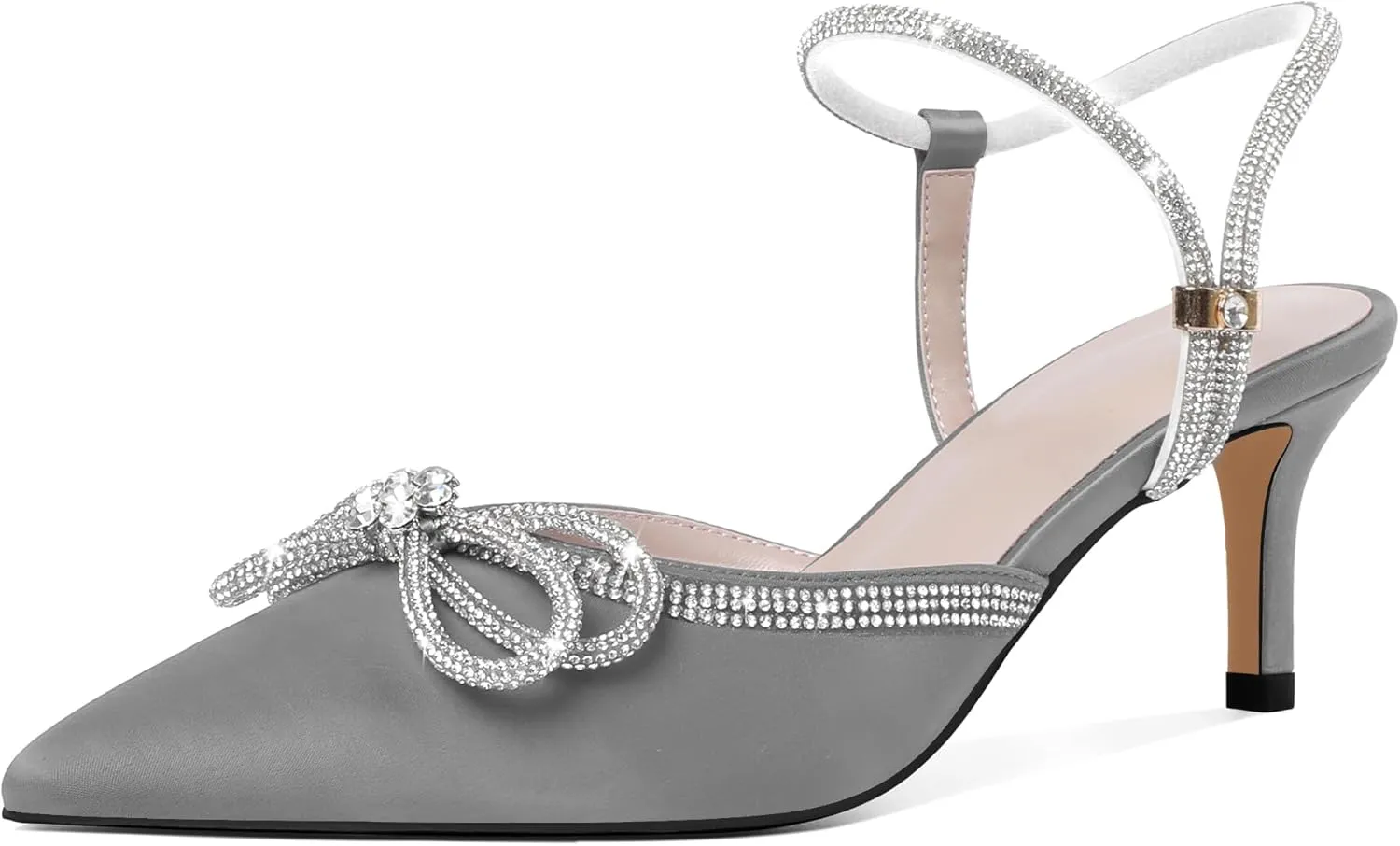 Joseywade Rhinestone Bow Heels Low Kitten Heel Glitter Double Bow Pumps Pointed Toe Women Slingback Adjustable Ankle Strap Shoes for Wedding Bridal Bridesmaid Engagement Bachelorette